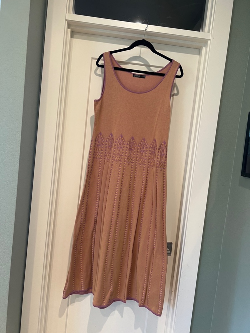 Peruvian Connection Tan Dress with Mauve Trim Midi